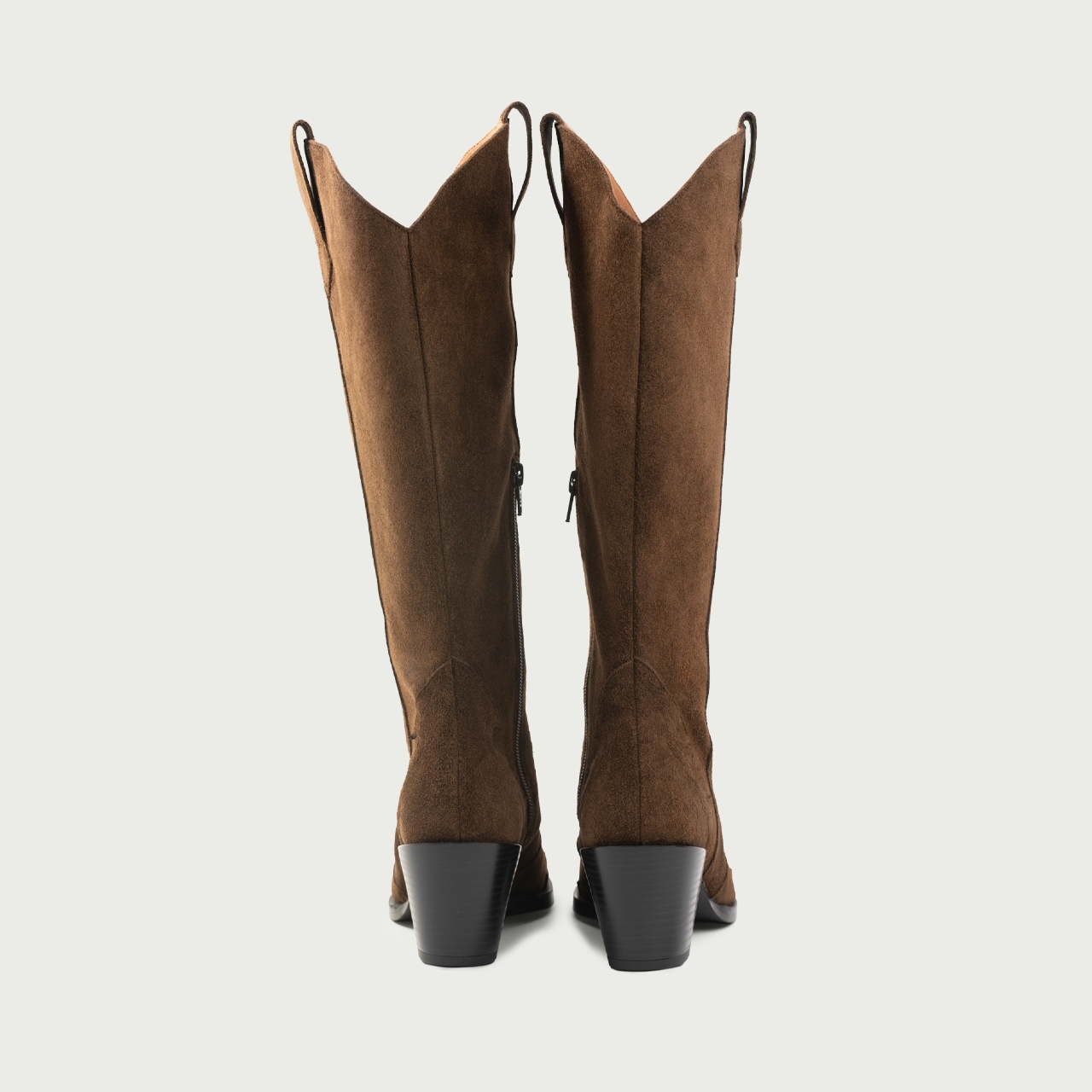 Cizme lungi maro ciocolatiu cu toc gros Camilla din piele întoarsă naturală - Img 7