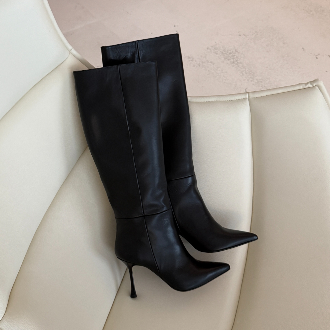 Cizme lungi stiletto negre cu toc subțire înalt Aymee din piele naturală - Img 10