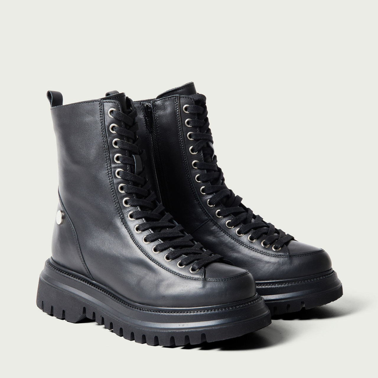 Ghete combat Alice din piele naturală negre cu șiret - Img 3
