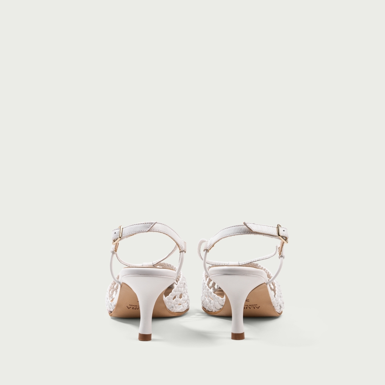 Pantofi decupați albi cu toc subțire Cecille din piele naturală împletită - Img 6