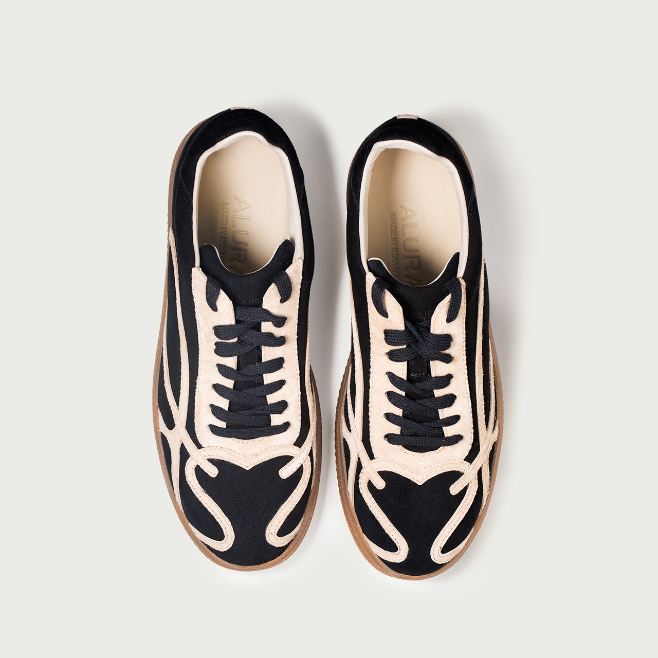 Pantofi sport negri cu bej Alma 001 din piele întoarsă naturală - Img 3