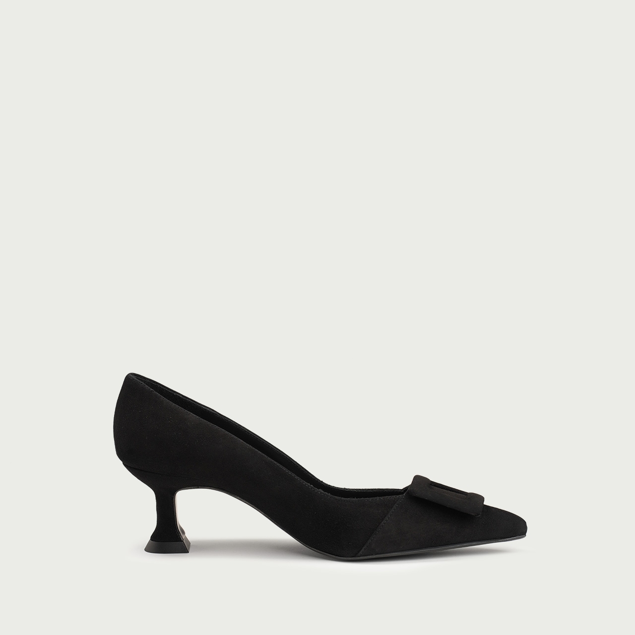 Pantofi stiletto negri cu accesoriu geometric Alana din piele întoarsă naturală - Img 6