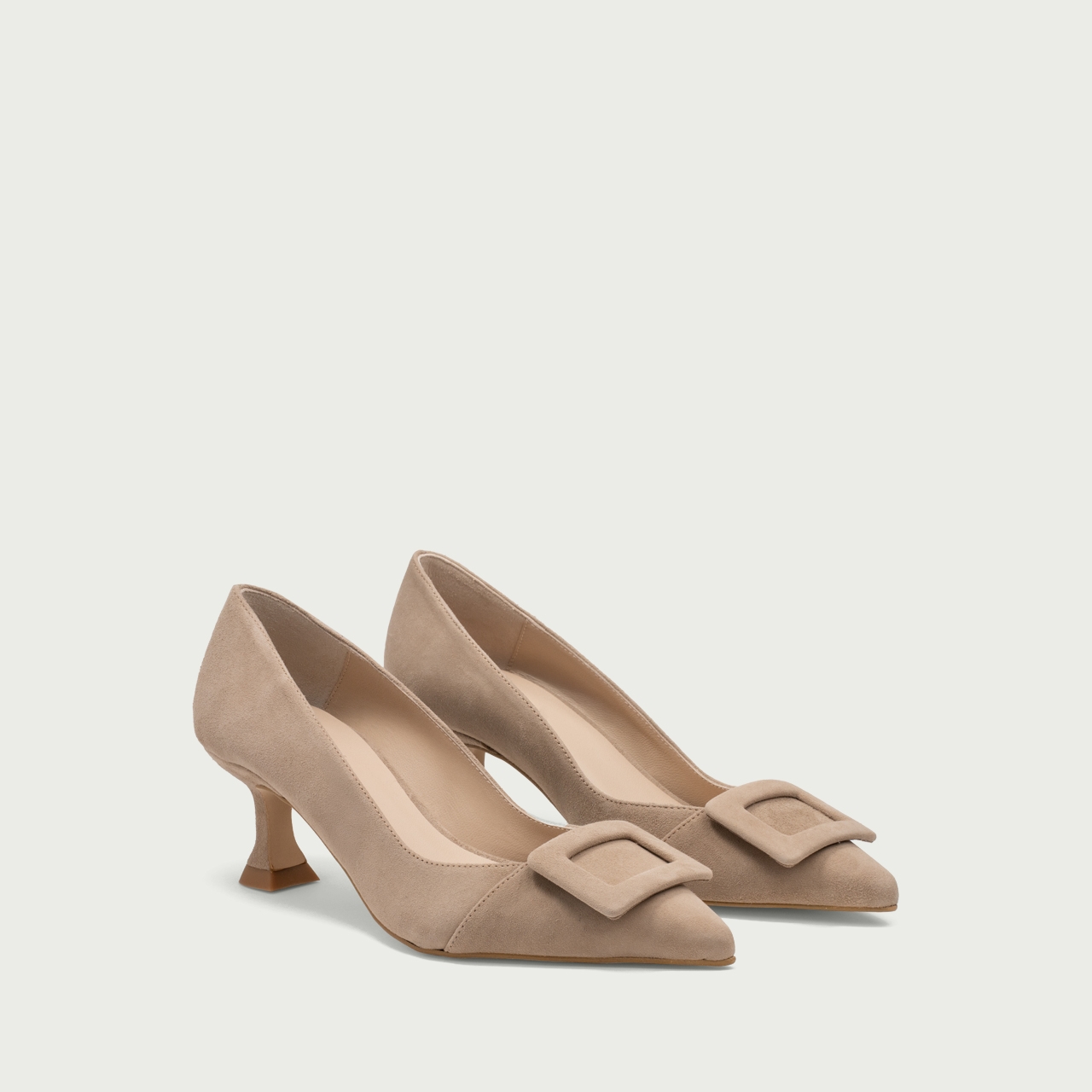 Pantofi stiletto nude cu accesoriu geometric Alana din piele întoarsă naturală - Img 2