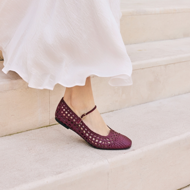 Balerini burgundy tip Mary Jane cu vârf pǎtrat Lori din piele naturală perforatǎ - Img 2