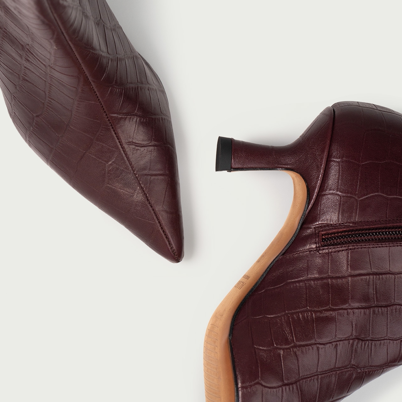 Botine burgundy cu toc subțire Angelique din piele naturală croco - Img 2