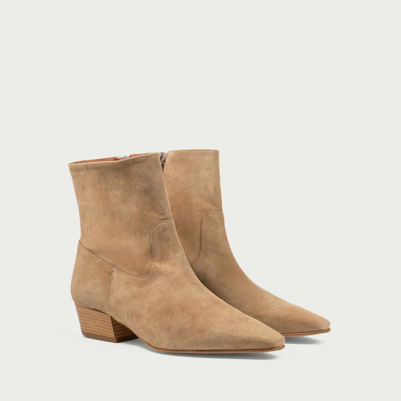 Botine cu toc gros Raquella din piele întoarsă naturală bej - Img 2