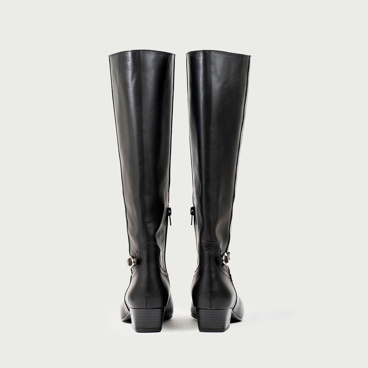 Cizme lungi negre cu toc gros și accesoriu metalic Natalie din piele naturală - Img 5
