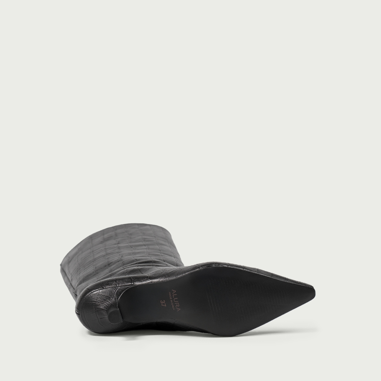 Cizme lungi negre cu toc mic Imani din piele naturală croco - Img 7