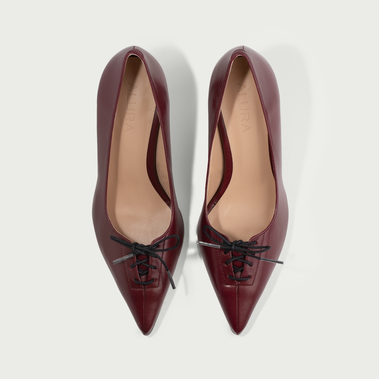 Pantofi burgundy cu toc subțire și șiret Ally din piele naturală - Img 2