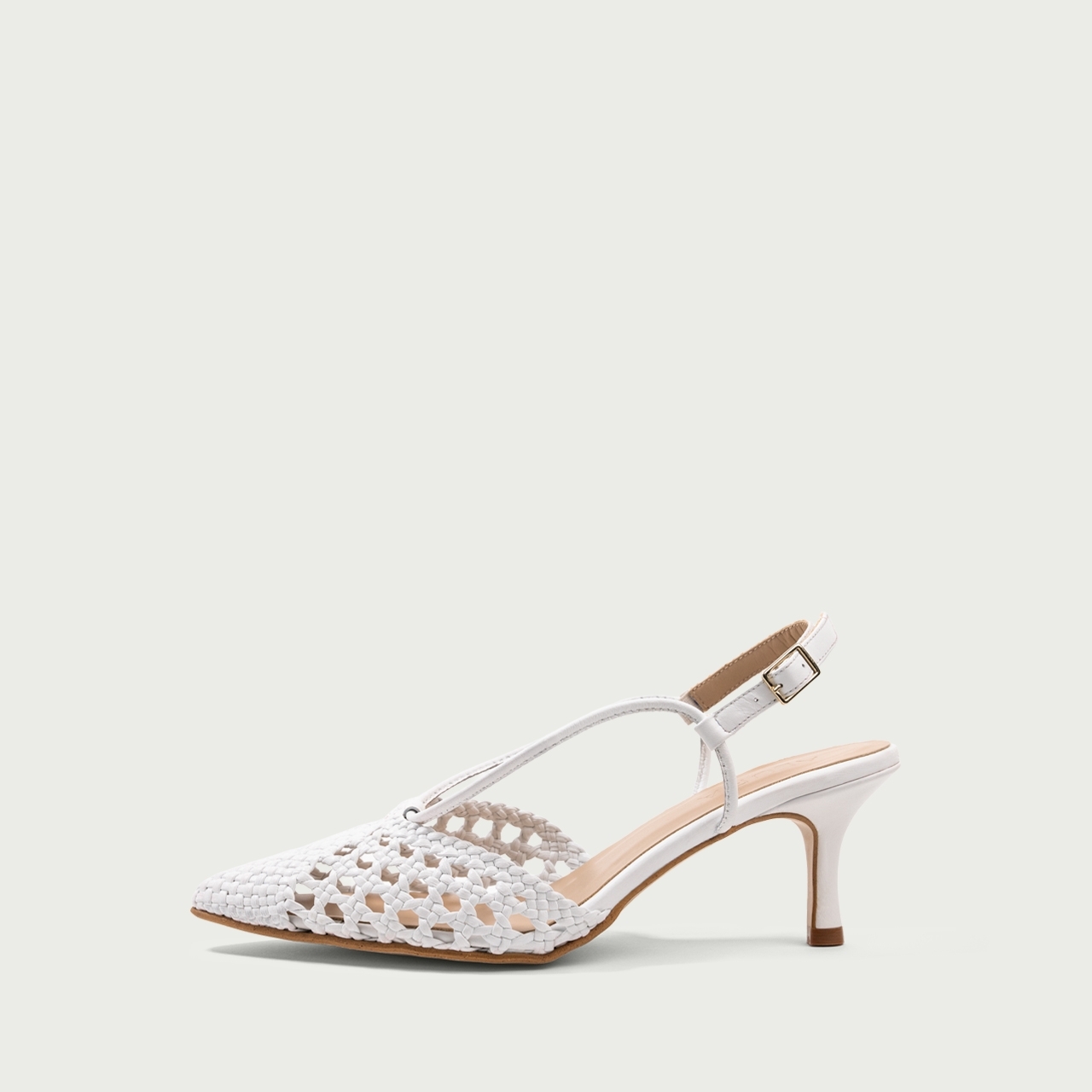 Pantofi decupați albi cu toc subțire Cecille din piele naturală împletită - Img 1