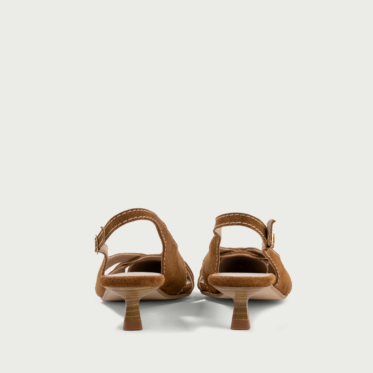 Pantofi decupați cu toc subțire camel Daphne din piele întoarsă naturală - Img 5