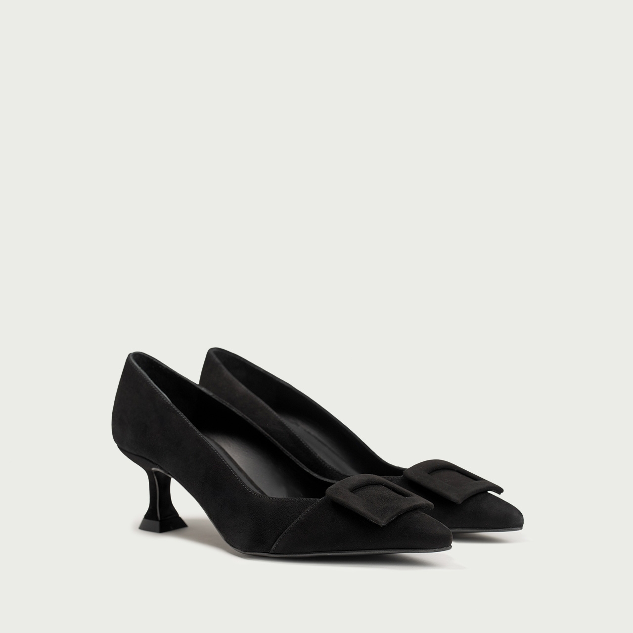 Pantofi stiletto negri cu accesoriu geometric Alana din piele întoarsă naturală - Img 2