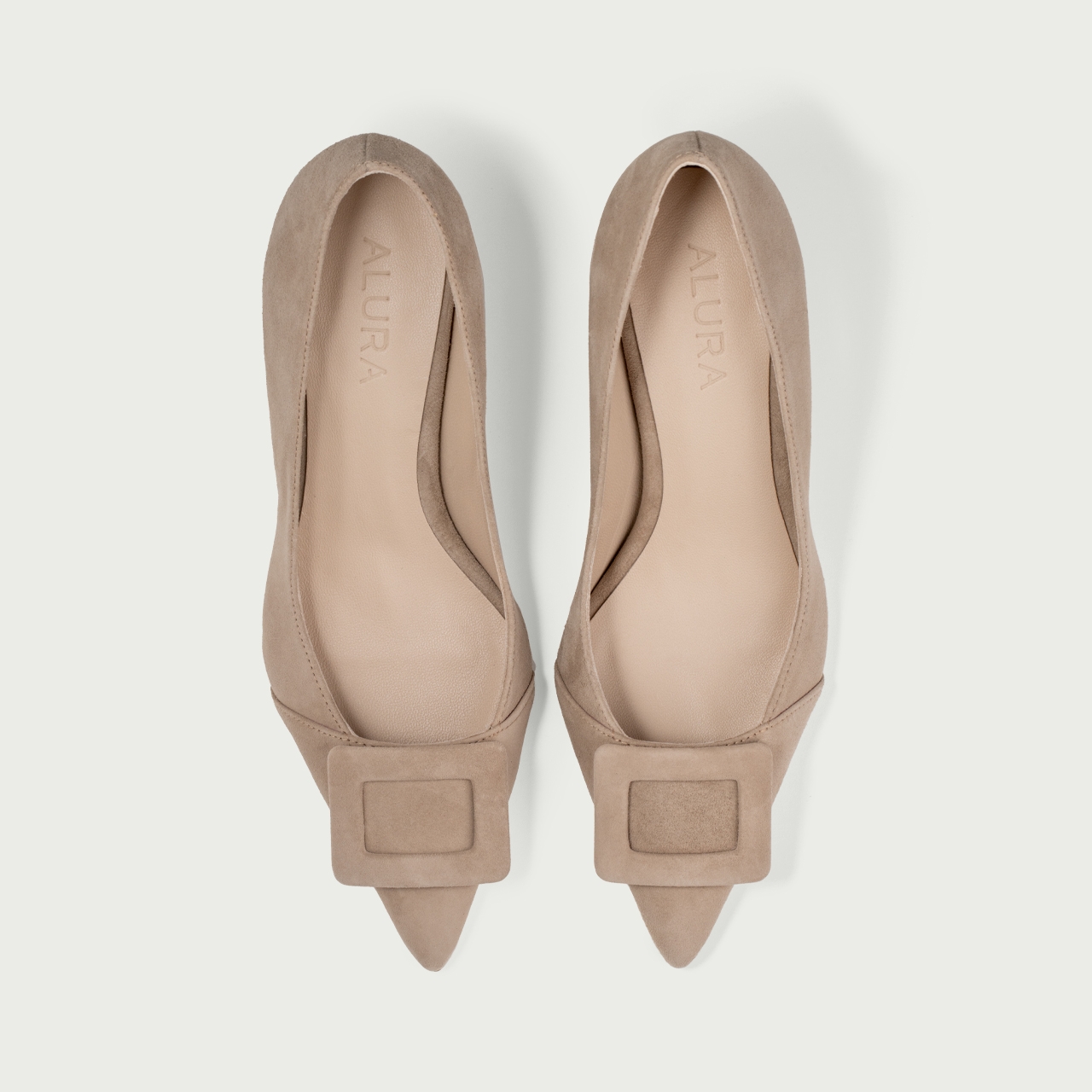 Pantofi stiletto nude cu accesoriu geometric Alana din piele întoarsă naturală - Img 3