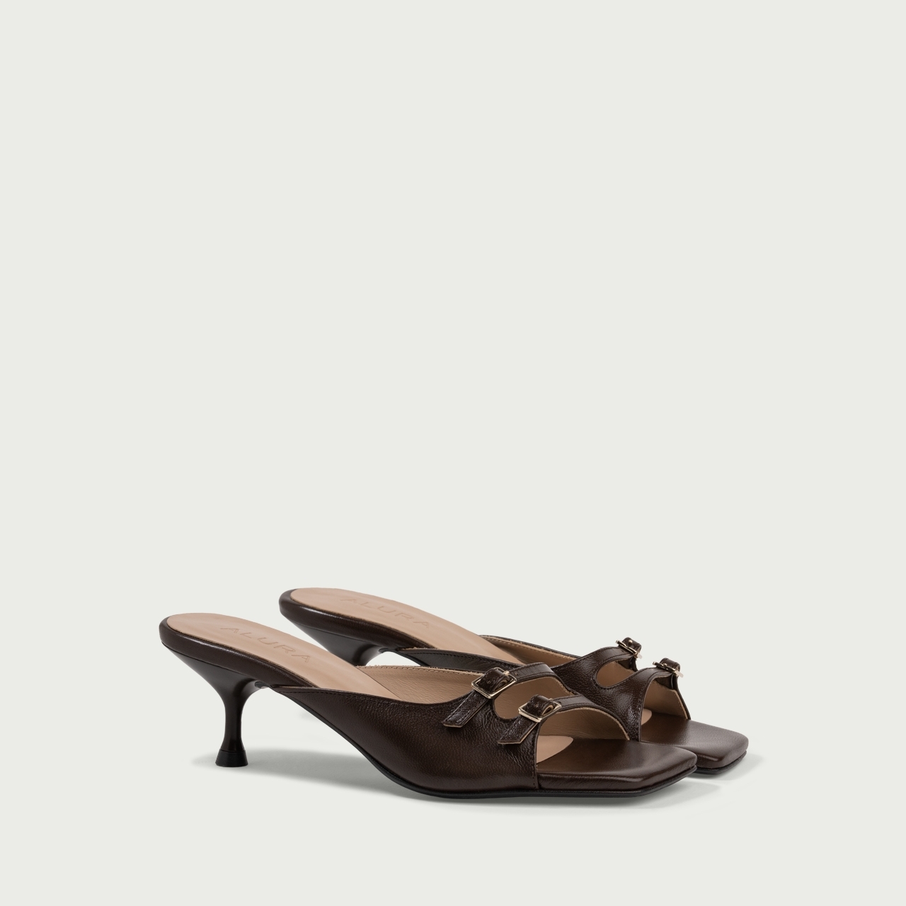 Papuci cu toc subțire maro ciocolatiu Bella din piele naturalǎ - Img 2