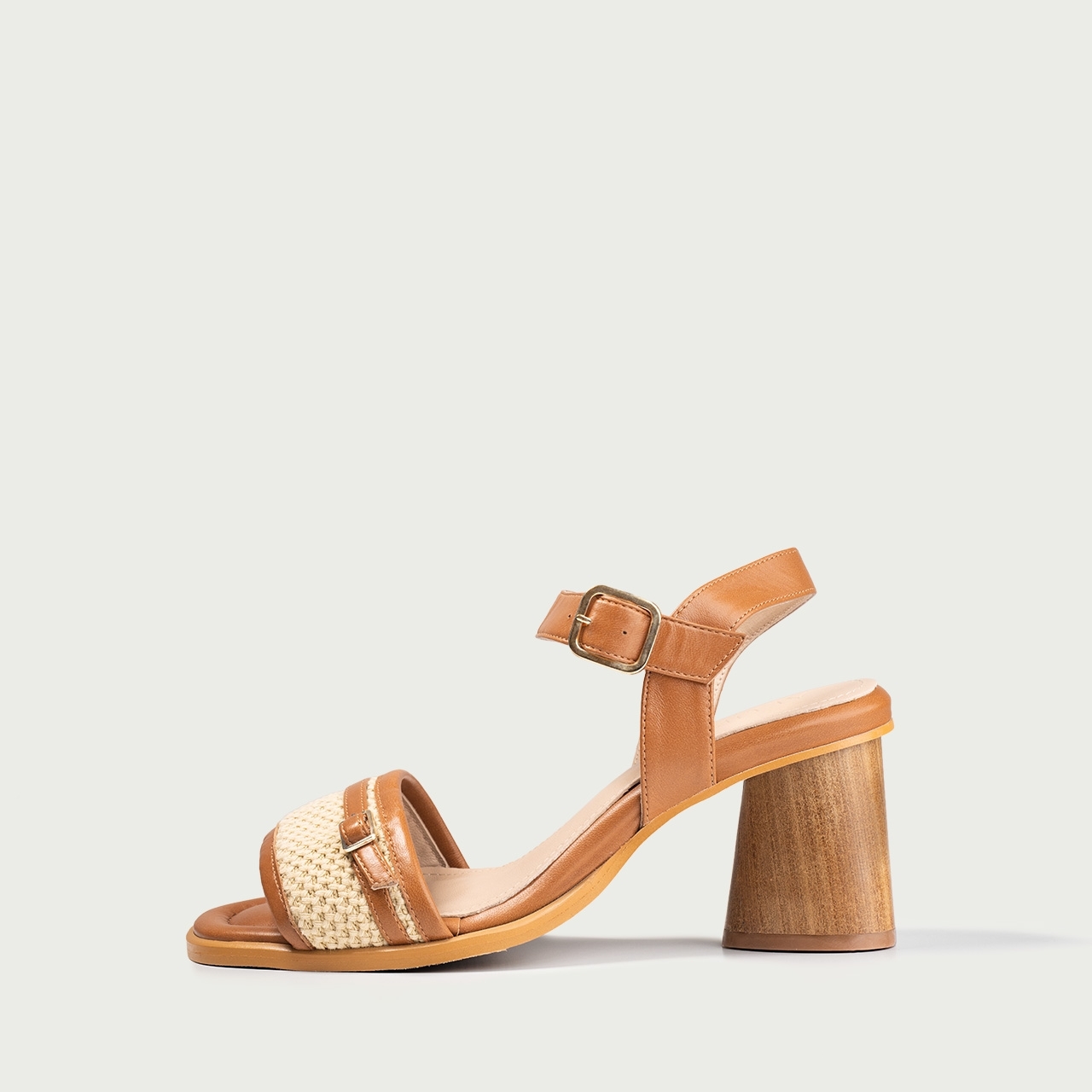 Sandale camel cu toc gros și rafie Flavia din piele naturală - Img 1