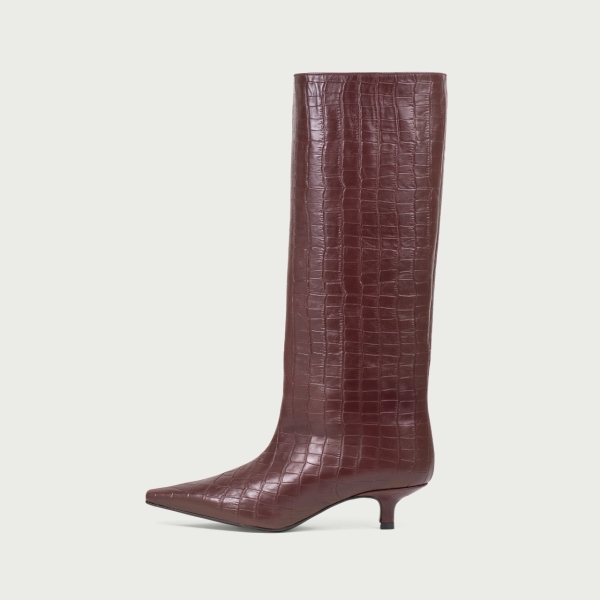 Cizme lungi cu toc mic burgundy Imani din piele naturală
