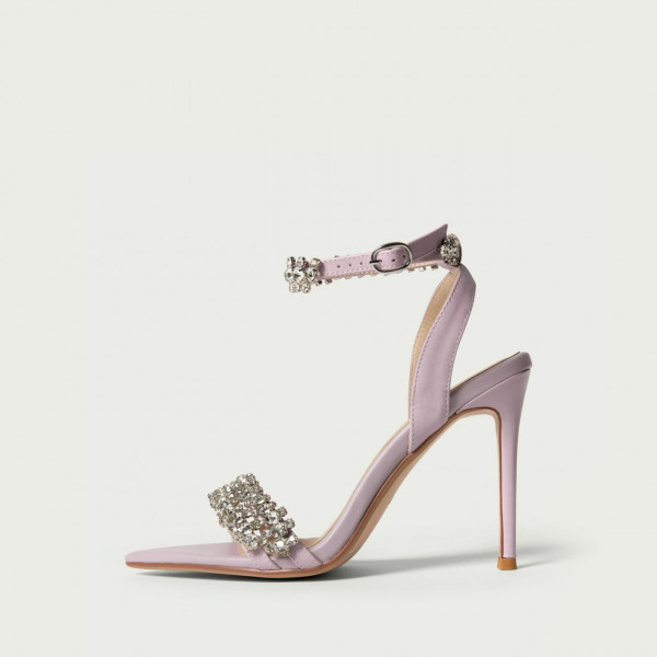 Sandale elegante cu toc subțire Simone lila din piele naturală cu cristale