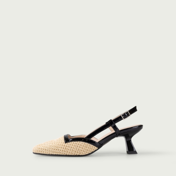 Pantofi decupați cu toc subțire Tania din piele naturalǎ și material textil tip rafie