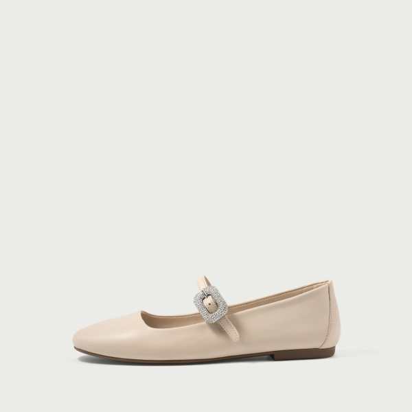 Balerini bej Annabelle cu baretă și accesoriu cu cristale argintii din piele naturală