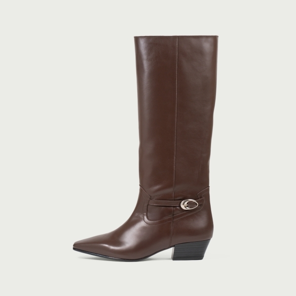 Cizme lungi maro ciocolatiu cu toc gros și accesoriu metalic Natalie din piele naturală