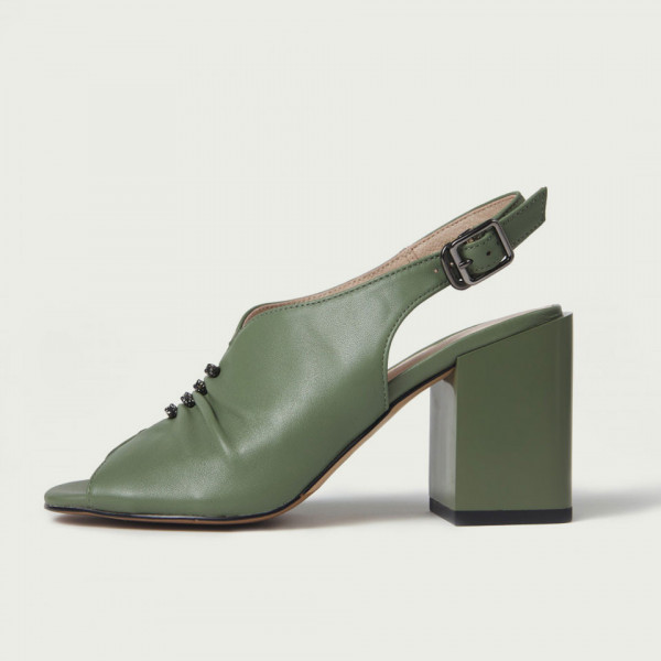 Sandale damă din piele naturală verzi cu toc gros accesorizate