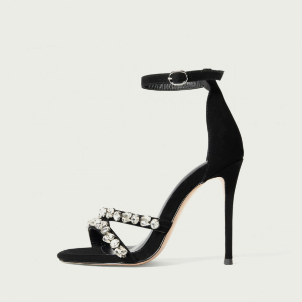 Sandale elegante cu toc subțire Elyse negre din piele întoarsă cu cristale albe