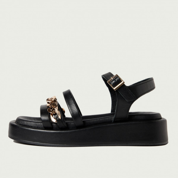 Sandale joase Mya negre cu talpă extraconfort, barete și lanț auriu
