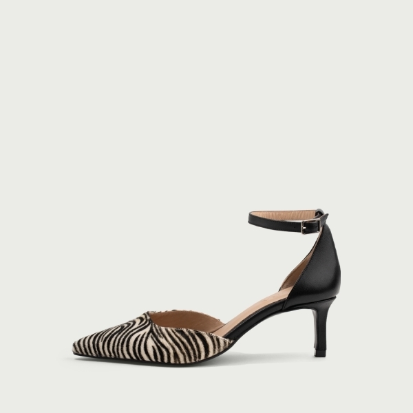 Pantofi cu toc subțire și baretǎ pe picior Ina din piele naturală zebra print