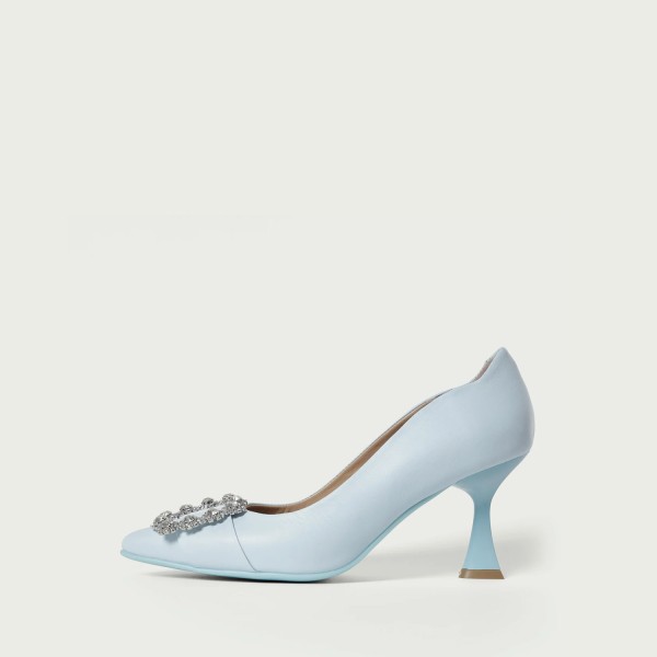 Pantofi stiletto cu toc subțire Innes din piele naturală baby blue și accesoriu cristal