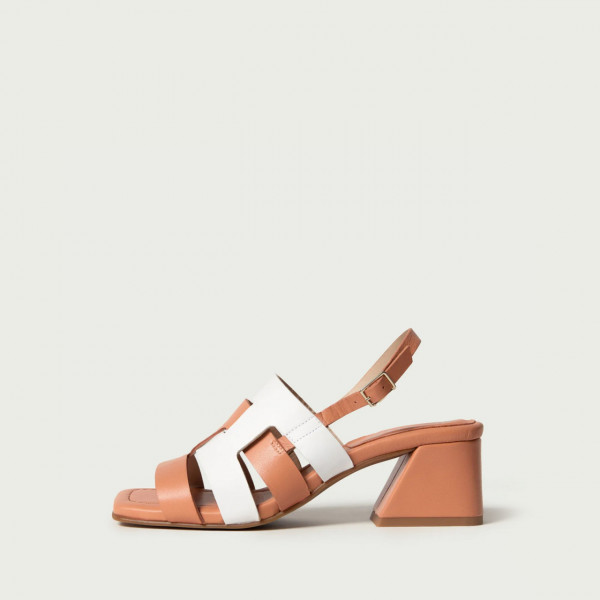 Sandale cu toc gros Thalia din piele naturală în nuanțe de portocaliu și alb