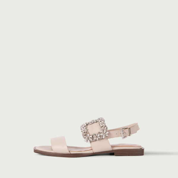 Sandale damă fără toc elegante gri Claire din piele naturală cu accesoriu din cristale