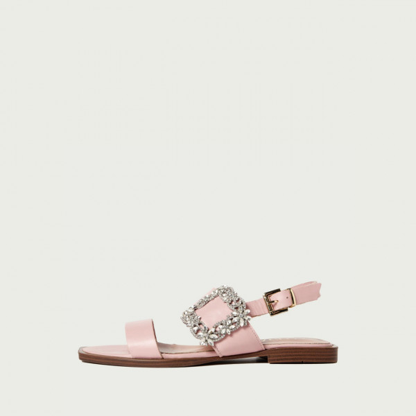Sandale fără toc elegante Claire din piele naturală roz cu accesoriu delicat
