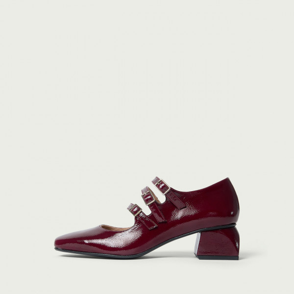 Pantofi cu toc gros și barete burgundy Leanne din piele naturală lăcuită