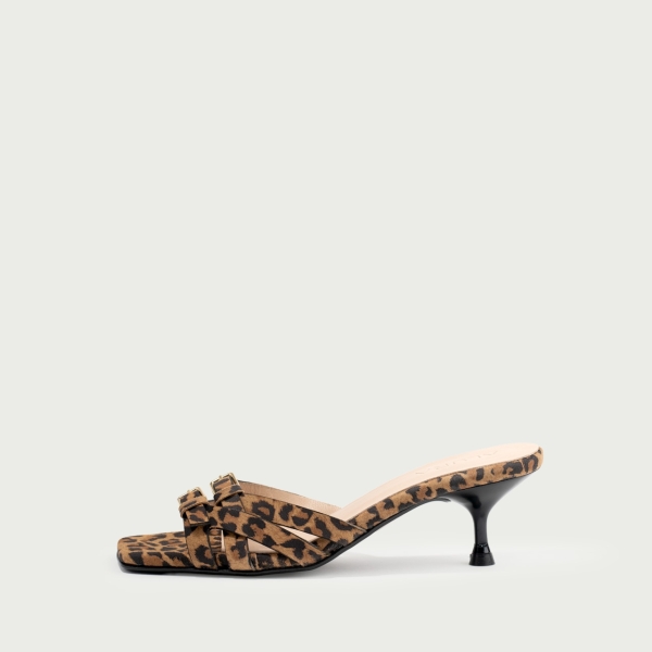 Papuci cu toc subțire animal print Aylin din piele întoarsă naturalǎ