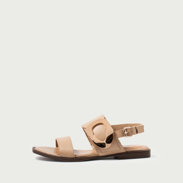 Sandale damă fără toc nude Caia din piele naturală cu accesoriu metalic