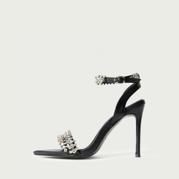 Sandale elegante cu toc subțire Simone negre din piele naturală cu cristale