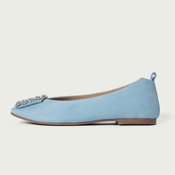 Balerini Josephine baby blue din piele întoarsă naturală și accesoriu din cristale