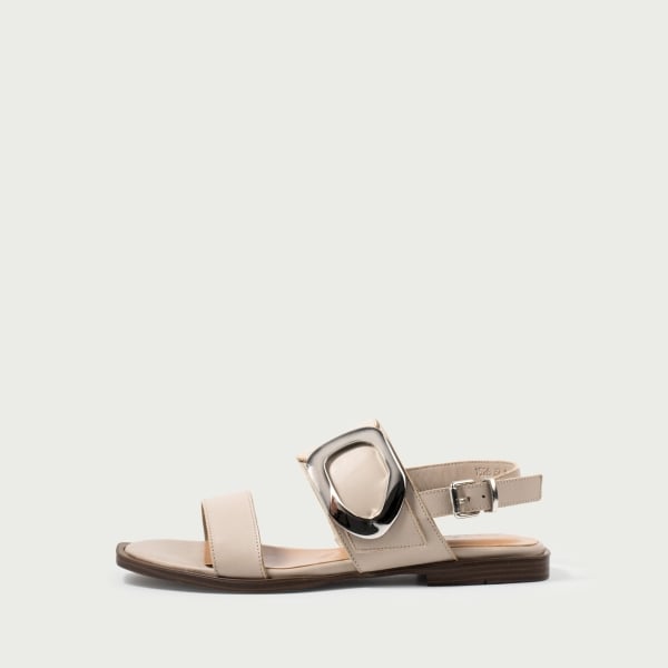Sandale damă fără toc gri Caia din piele naturală cu accesoriu metalic