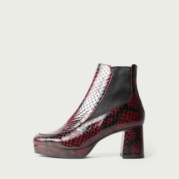 Botine Annika cu toc gros snake bordeaux