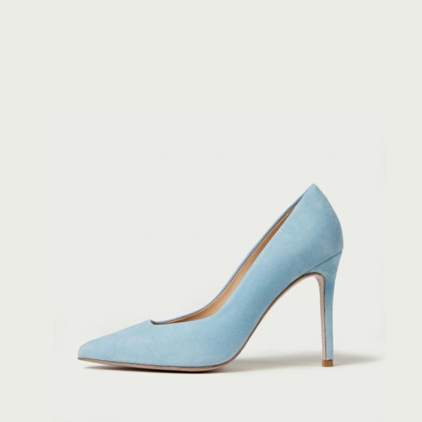 Pantofi stiletto Julia albaștri din piele naturală întoarsă cu toc înalt subțire