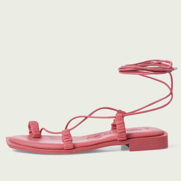 Sandale damă roz cu șiret pe picior