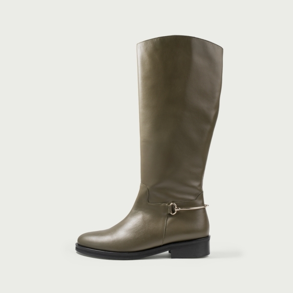 Cizme lungi khaki cu talpă joasă și accesoriu metalic Milla din piele naturală