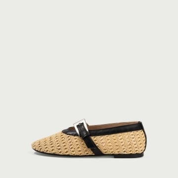 Balerini cu vârf rotund și baretă Tess din rafie și piele naturală