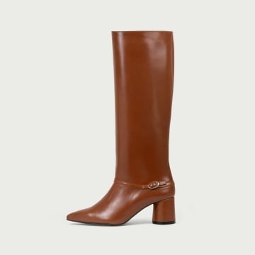 Cizme lungi cu toc gros camel Amelie din piele naturală