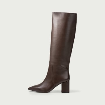 Cizme lungi maro ciocolatiu cu toc gros Aisha din piele naturală