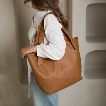 Geantă shopper camel Terra din piele naturală