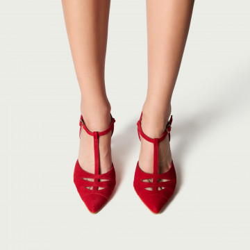 Pantofi cu toc decupați Lara roșii din piele naturală întoarsă