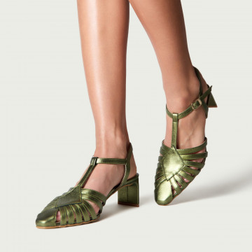 Pantofi cu toc decupați Luna din piele naturală verde metalizat