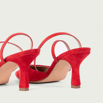 Pantofi damă decupați cu toc roșii Raluca din piele întoarsă naturală.