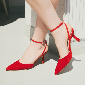 Pantofi damă decupați cu toc roșii Raluca din piele întoarsă naturală.